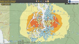 This scenario of a magnitude 7.2 quake on the Seattle Fault shows the schools that might suffer damage for use in community planning. 
